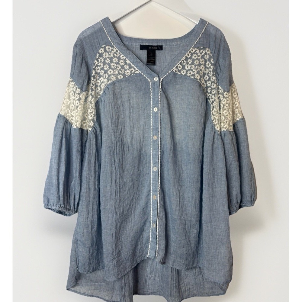 Ali Miles Blue Gauze Button-Front Blouse with White Lace Insets
